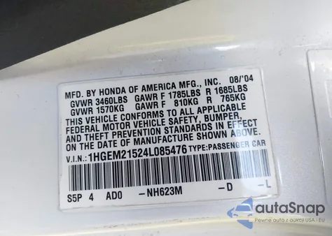 2004 Honda Civic Lx из США, поврежденный, VIN 1HGEM21524L085476